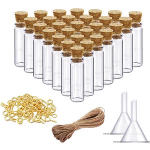 Sxminer 100 Pieces 2ml Mini Glass Bottles with Cork Stoppers Small Tiny Cork Glass Bottles Jars Vials with 20 Meters Twines Eye Screws Small Funnel for Decoration Art Crafts DIY Projects Party Favors