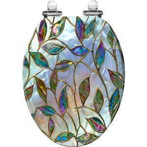 Elongated Toilet Seat Leaves pattern stylized seamless texture 3d Art Resin Toilet Seat Easy to Install Quietly Close Quick Release Hinges Decorative Toilet Seat with Cover