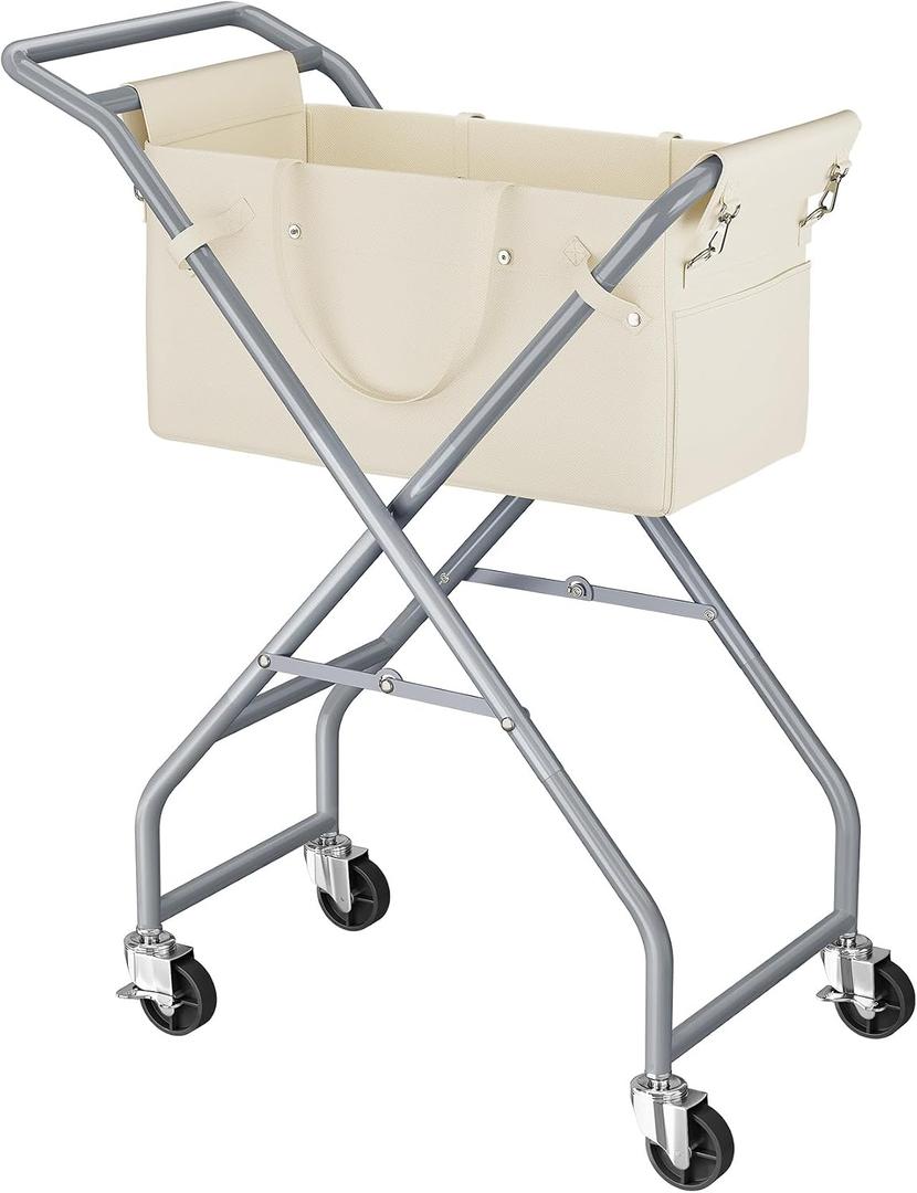 No-Bend Laundry Cart- Rolling Hamper with Locking Wheels & Handle, Foldable Basket Screw-Free Assembly, Durable Metal Frame & Removable Liner Bag for Bedroom & Bathroom (Beige), 28.35" x 12.6" x 27.56"
