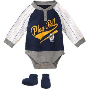 Outerstuff MLB Newborn Infants is It Game Time Yet 3 Piece Onseie Creeper Bodysuit Set (Milwaukee Brewers, 18 Months)
