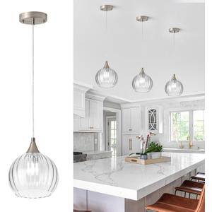 Brushed Nickel Pendant Lights Kitchen Island, Globe Pendant Light Fixtures with 8 Inch Clear Glass Shade, Modern Hanging Light Fixtures for Kitchen, Bedroom (1 Pack - Clear Glass Pendant Light)