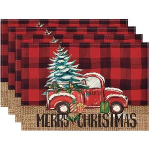Artoid Mode Red and Black Buffalo Plaid Truck Merry Christmas Placemats Set of 4, 12x18 Inch Xmas Tree Winter Table Mats for Party Kitchen Dining Decoration