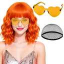 PLULON Orange Wavy Bob Wigs with Bangs Heart Sunglasses Hair Cap for Women, Colored Synthetic Hair Short Bob Loose Curly Shoulder Length Wigs for Costume Bachelorette Party Music Festival