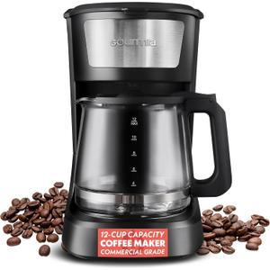 Gourmia 12 Cup One-Touch Coffee Maker Pause and Serve with Automatic Keep Warm, Easy View Water Window, Compact Design, Stainless Steel Accents, Black