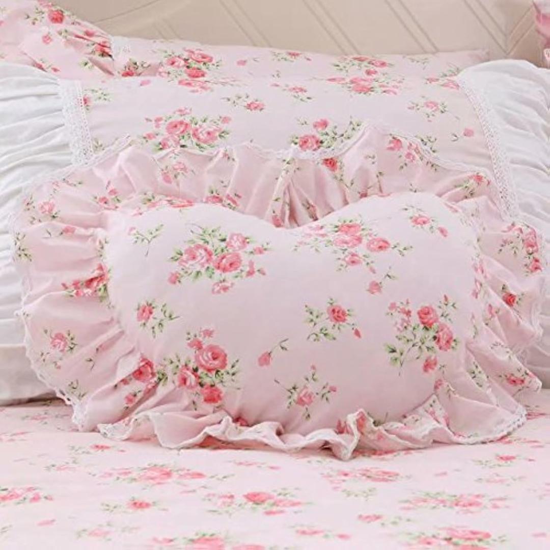LELVA Floral Ruffle Design Throw Pillow Sham Cushion Pink Heart Decoration Pillow Shaped Sofa Bed Throw Pillows