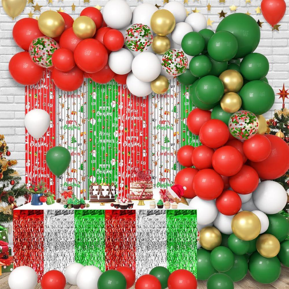 2 x 140pcs Christmas Party Balloon Set, Merry Xmas Balloons with Table Skirts and Foil Fringe Tinsel Curtains for Winter Holiday Party Decorations