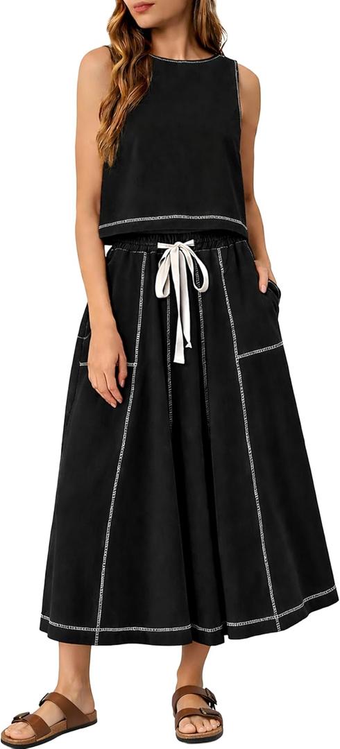 Ynhonra Women's Y2K 2 Piece Set Summer Sleeveless Tank Top and Drawstring Midi Skirt Lounge Outfit with Pockets (Black), Small