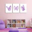 3Pcs Butterfly Canvas Wall Art Purple Butterfly Posters Pictures Minimalist Cute Animal Paintings Aesthetic Preppy Room Prints for Girls Bedroom Nursery Home Wall Decor Gift Framed