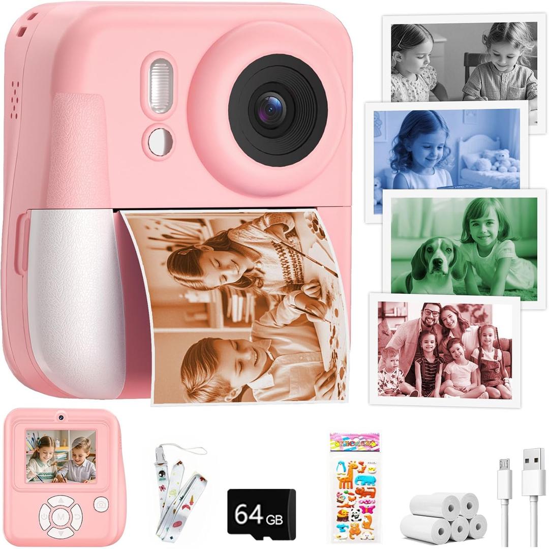 Kids Camera Instant Print Color Photos, Dual-Lens Instant Print Camera for Kids, Toddler Portable Travel Digital Camera Toy for 6 7 8 Year Old Boys Girls Christmas Birthday Gifts 64GB Card