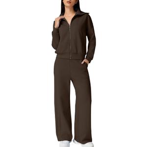 QINSEN Women's Cotton 2 Piece Outfits Lapel Long Sleeve Zip Up Sweatshirt Wide Leg Pants Matching Tracksuit Sets XL