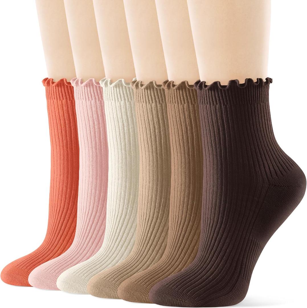 FITRELL 6 Pairs Ruffle Socks, Womens Soft Breathable Cute Lettuce Ankle Crew Frilly Socks (5-8.5, Dark Brown+brown+khaki+cream,light Pink+orange)