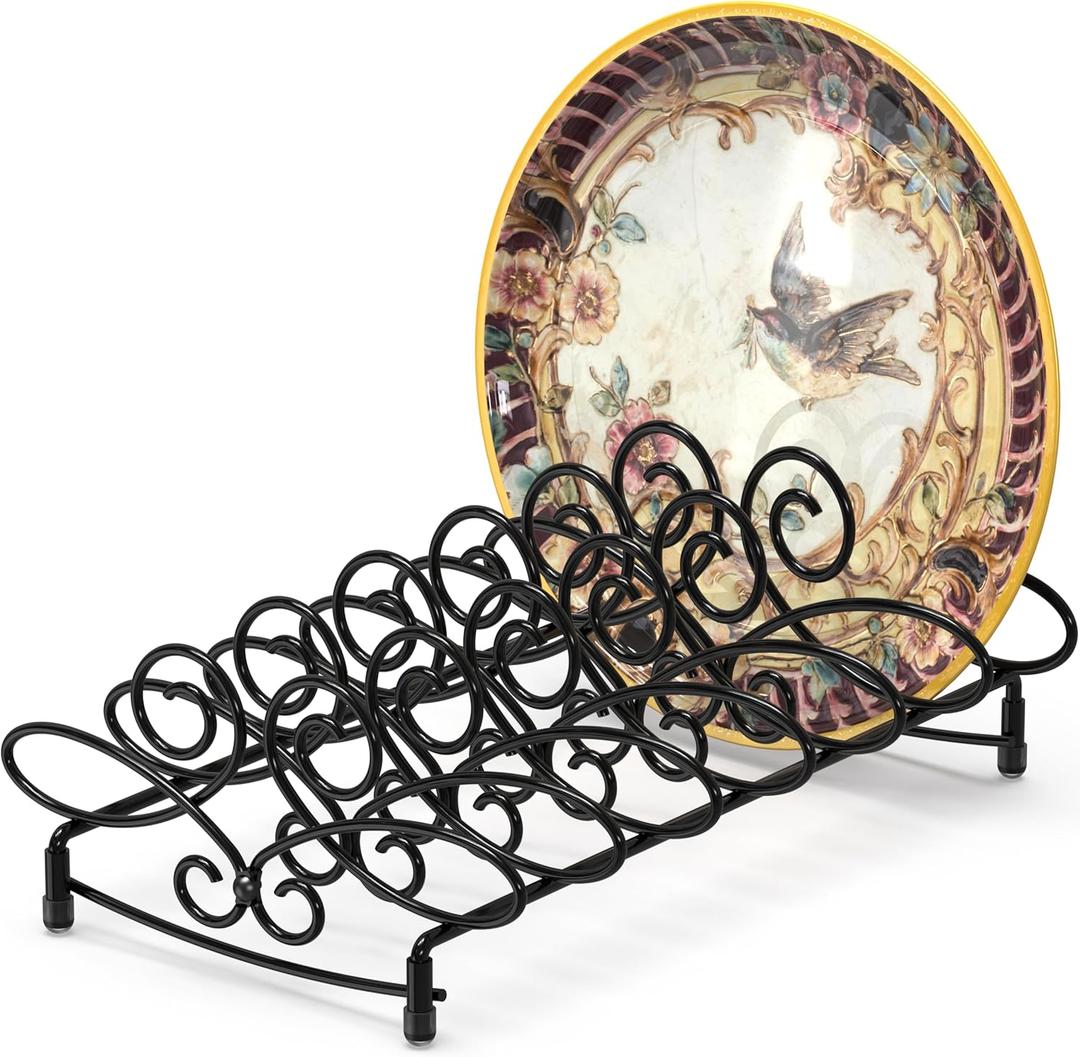 SIMPLE HOUSEWARE Vertical Plate Stand Holder Dish Rack Dinnerware Organizer with Elegant Wire Design, 6-Compartment, Black