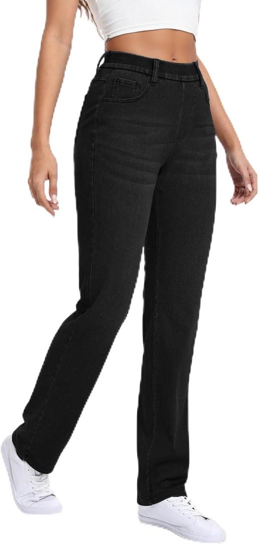Women's Straight Leg Jeans Stretch Sweatpant Jeans Pull on High Waisted Comfort Soft Denim Pants (Black, XXL)