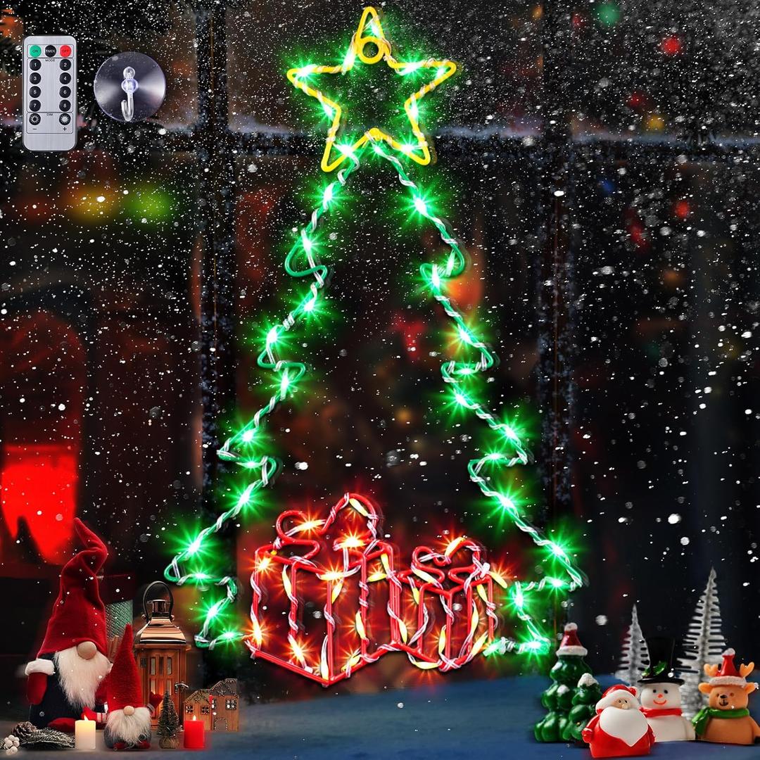 Hiboom Christmas Tree Window Lights Decorations, 8 Lighting Modes Christmas Window Silhouette Lights, 15'' Christmas Tree Light Up Sign Decor for Holiday Indoor Wall Door Glass Window Decorations