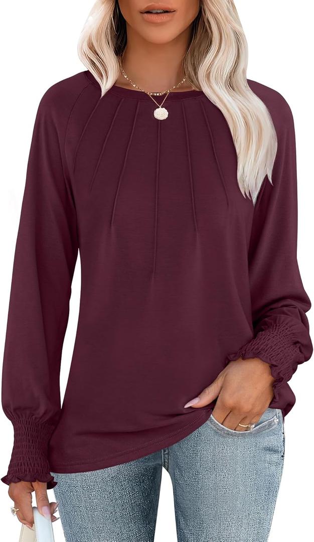 ANRABESS Long Sleeve Shirts for Women 2025 Fall Dressy Casual Tops Pleated Crewneck Loose Basic Blouses Fashion (Red, S)