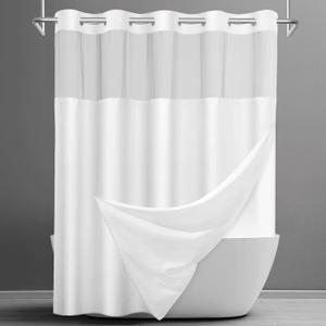 No Hook Shower Curtain with Snap in Liner Set Waffle Shower Curtain for Bathroom Hotel Style Fabric Waterproof Inner Liner71" W x 74" H, White