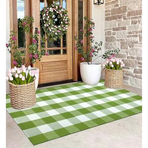 Front Porch Rug 3'x5'Checkered Green and White Outdoor Rug Farmhouse Layered Doormat Machine Washable Front Door Mat Outdoor for Hello Welcome Mat,Bedroom,Entryway,Patio