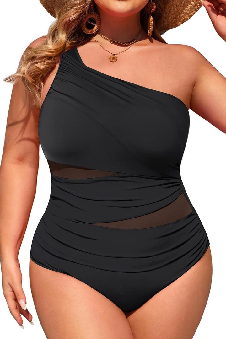 Aqua Eve Plus Size One Piece Swimsuit for Women Tummy Control Bathing Suits One Shoulder Swimwear (Black), Size: 16 Plus