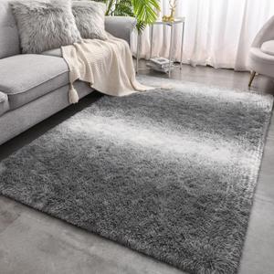 Meralax Gradient 5x8 Grey Rugs for Living Room Bedroom, Machine Washable Soft Fluffy Shaggy Gray Bedside Rug, Indoor Floor Carpet for Kids Girls and Boys, Dorms, Nursery Rooms, Home Decor Aesthetic