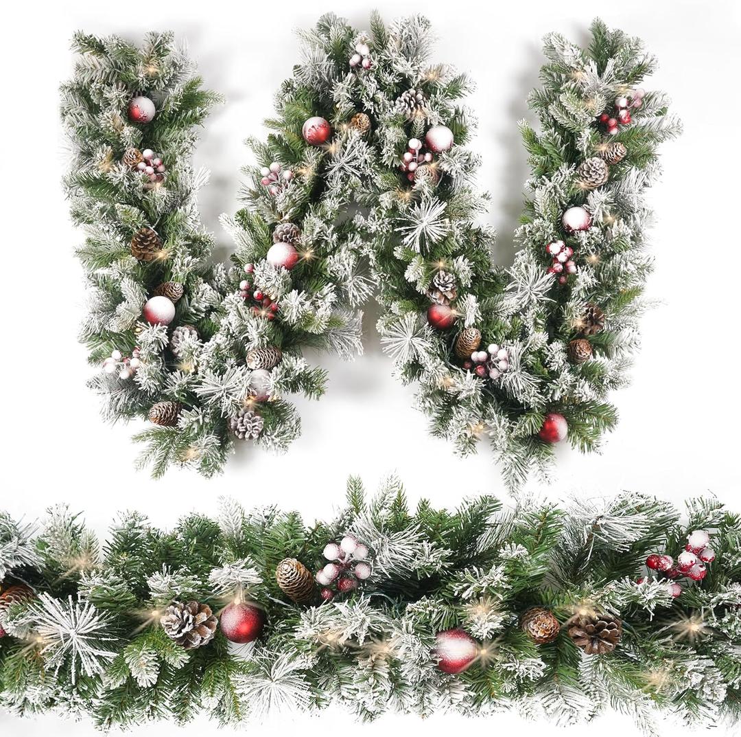 Christmas Garland Flocked 9ft with 50 Lights, Christmas Decor with Pine Cone Red Balls & Berries 50 Light Timer for Mantle Staircase Indoor and Outdoor