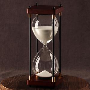 60 Minutes Sand Hourglass Timer, Vintage Sand Clock 60 Minutes, Large White Sander with Wooden End Caps, Hour Glass Sandglass Timer for Games Classroom Kitchen Decorative (White Sand)