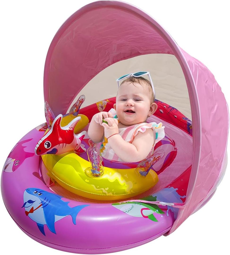 Inflatable Baby Pool Float with UPF50+ Sun Protection Canopy, Adjustable Safety Seat & Interactive Toy Play Console - Includes Ocean Animal Toys for Infants & Toddlers 3-36 Months, 16 inches x 26"