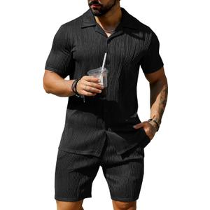 URRU Men's 2 Pieces Shirt Sets Short Sleeve Casual Button Down Summer Fashion Outfits (XXL, Black)