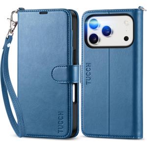 TUCCH Wallet Case for iPhone 17 Pro (6.3-Inch) 2025, Wrist Strap | RFID Blocking 4 Card Holders | Stand | Shockproof TPU Shell | PU Leather | Magnetic | Protective Flip Cover | Light Blue
