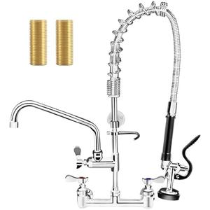 NETISR 36" Height Commercial Faucet with Sprayer, Brass Chrome Wall Mount Restaurant Kitchen Sink Pre Rinse Faucet, 8" Adjustable Center & 12" Add-on Swing Spout, 12" Spout & 38" Hos