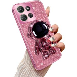 Phone Case for Motorola Moto G Power 5g 2025 with Astronaut Kickstand & Lanyard Soft TPU Bling Shockproof Protection Cover for Motorola G Power 5g 2025 Case, Rose Gold (Pink)