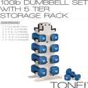 Tone Fitness Neoprene Dumbbell Set with Storage Rack Non-Slip, Anti-Roll Hand Weights for Home Gym Workouts | Light Gray Rack, Blue, 100 lb Set