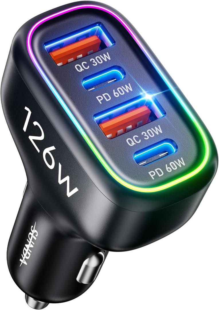USB C Car Charger, 126W [Dual PD60W&QC30W] Cigarette Lighter USB Car Charger Adapter Fast Charging 4 Ports Car Phone Charger for iPhone 17/16/15/14/13, Samsung Galaxy S25/S24Google Pixel Laptop