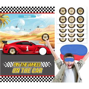 WNINK Pin The Wheels On The Car Games, Cars Party Game with 30 Gold Tyres Stickers, 2 Blindfolds for Car Theme Birthday Party