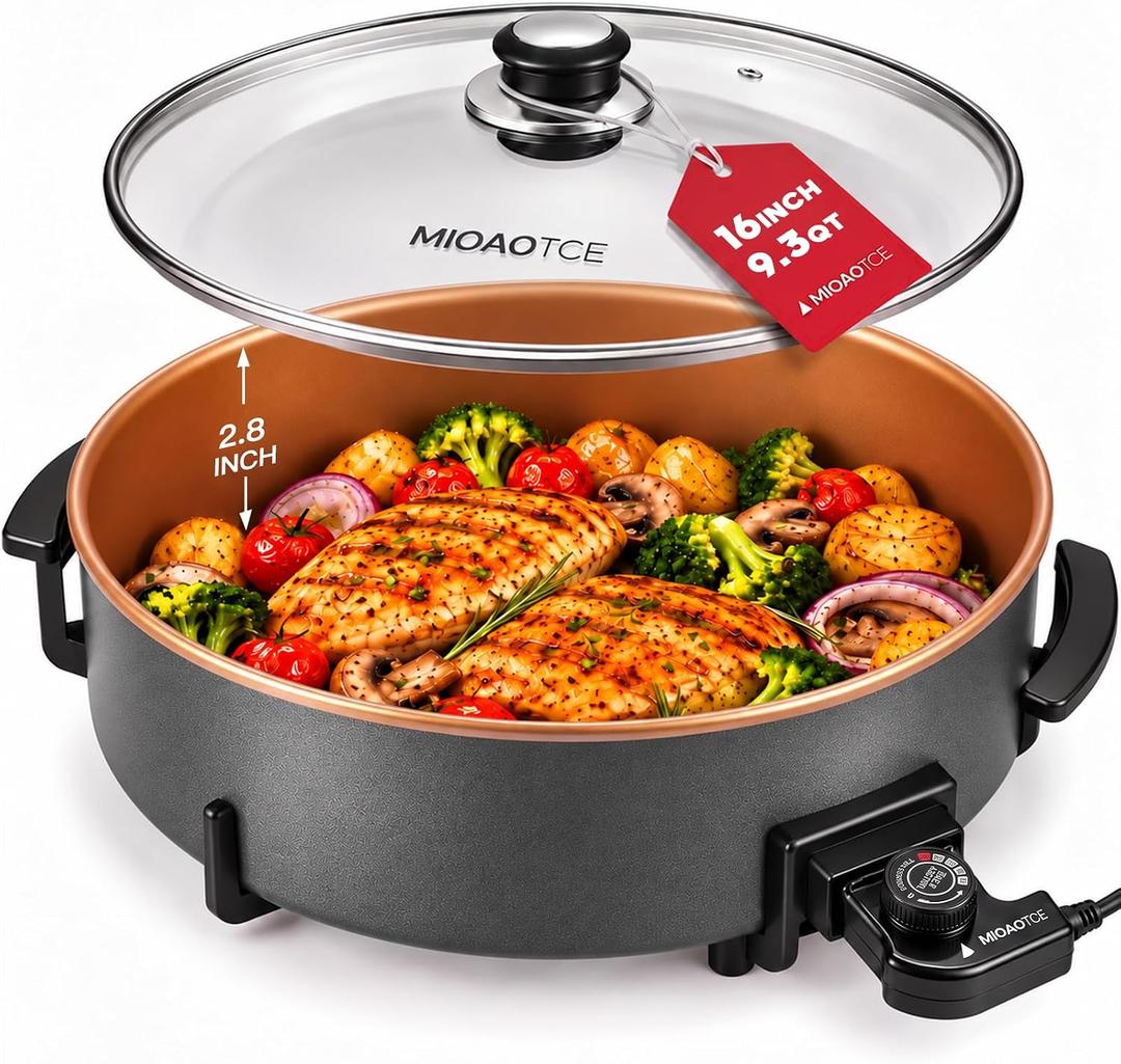 16" Extra Large Electric Skillet with lid, Nonstick Coating Electric Frying Pan, 1500W Quick & Even Heating, 5 Adjustable Temperature Control, Tempered Glass Lid & Cool-Touch Handles