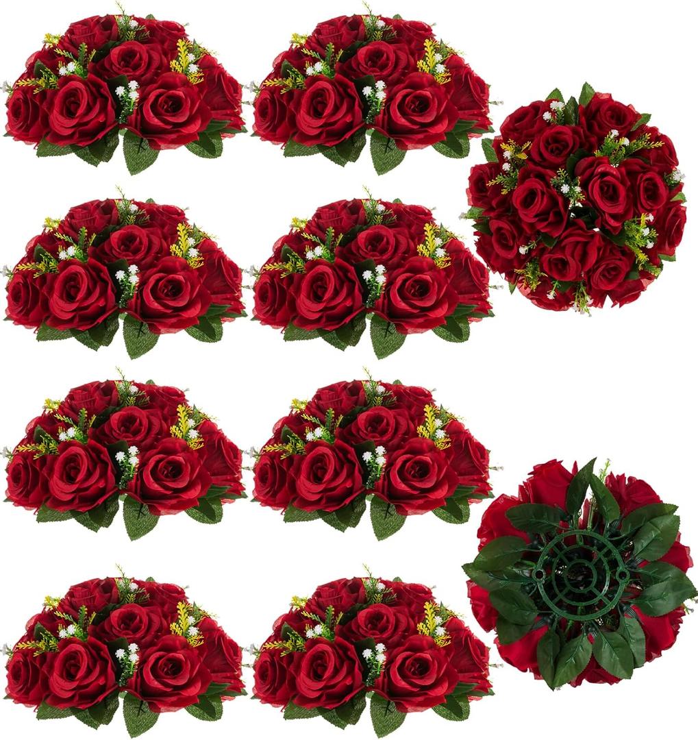 BLOSMON Flower Balls Wedding Rose Centerpieces: 10 Pcs Crimson Fake Flowers Kissing Balls Decor Artificial Floral Arrangements Flower Bouquet of Roses Home Party Table DIY Decorations