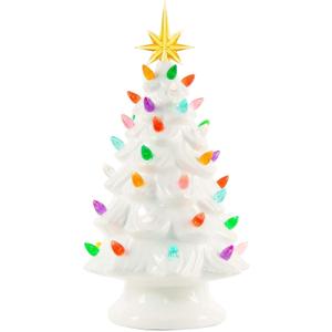 13 Inch Ceramic Christmas Tree, Tabletop Christmas Tree with Multicolored LED Lights and Star, Battery Operated Vintage Lighted Ceramic Tree for Home Office Table Holiday Decorations, White