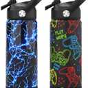 Ntswasd Boys Water Bottle with Straw,18 oz Kids Insulated Cups with Stainless Steel Leak Proof for School,Sport&Travel2packLightning+Game-Graffitig