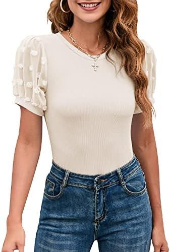MIRALUNA Women's Round Neck Slimming Swiss Dots Mesh Puff Sleeve Bodysuit Blouse Casual Ribbed Knit Jumpsuit Shirts Tank Tops, Size XL