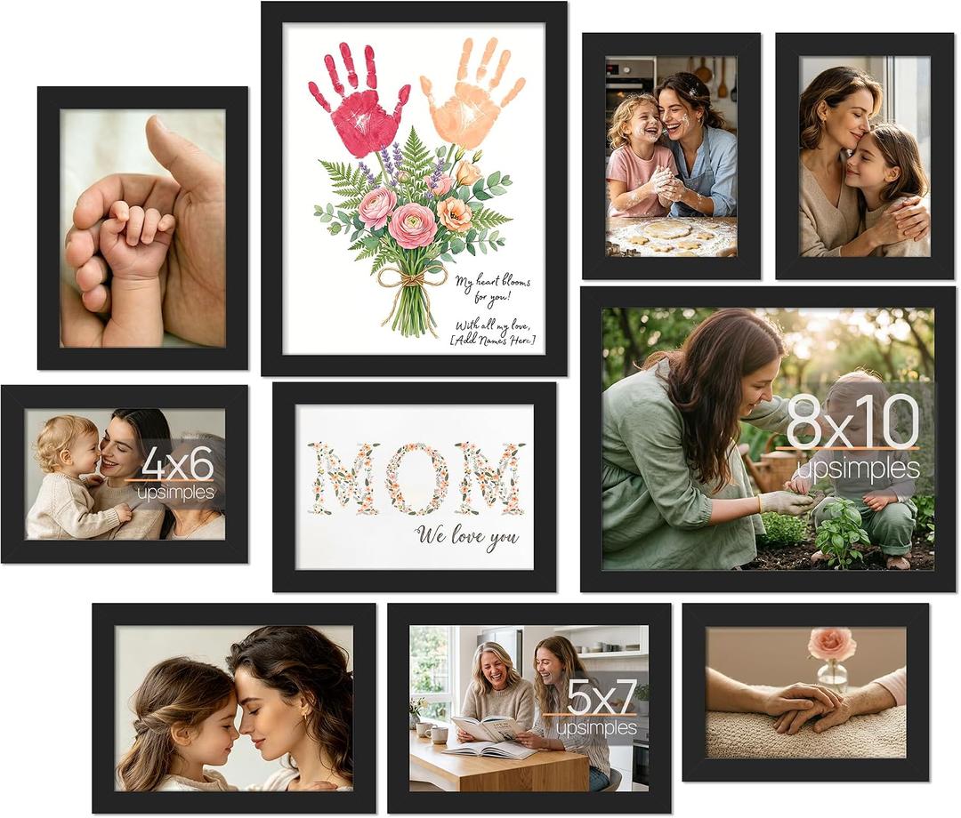 upsimples 10 Pack Picture Frames Collage Wall Decor for Mounting or Tabletop Display, Photo Gallery Frame Set for Family, Multi Sizes Including 8x10, 5x7, 4x6, Black