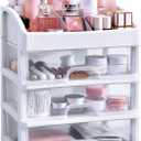 Simbuy Makeup Organizer with 3 Drawers, Bathroom Vanity Countertop Storage for Cosmetics, Brushes, Lotion, Nail Lipstick and Jewelry (White)