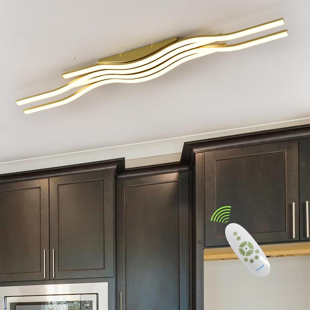 Gold Modern Light Fixture Flush Mount Led Ceiling Lights Dimmable Close to Ceiling Light Fixture with Remote Modern Dining Room Light Fixture for Hallway, Entrance,Porch, Passage Light Fixtures