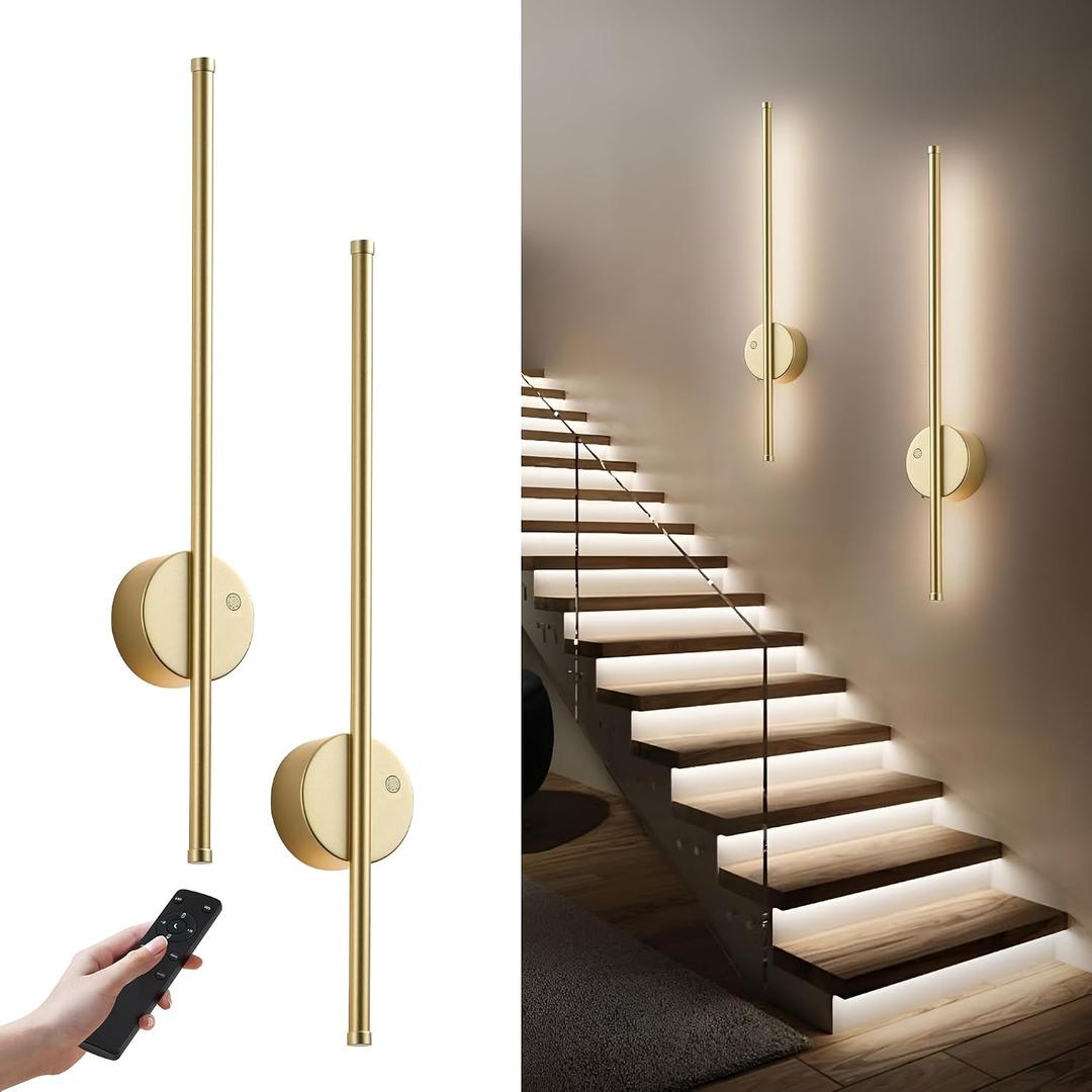 Motion Sensor Battery Operated Wall Sconce Set of Two - Modern Rechargeable Wireless Wall Lights with Remote Control, Dimmable, 3000K/4000K/6000K, Timer for Living Room, Hallway,23.6 Inch, Gold