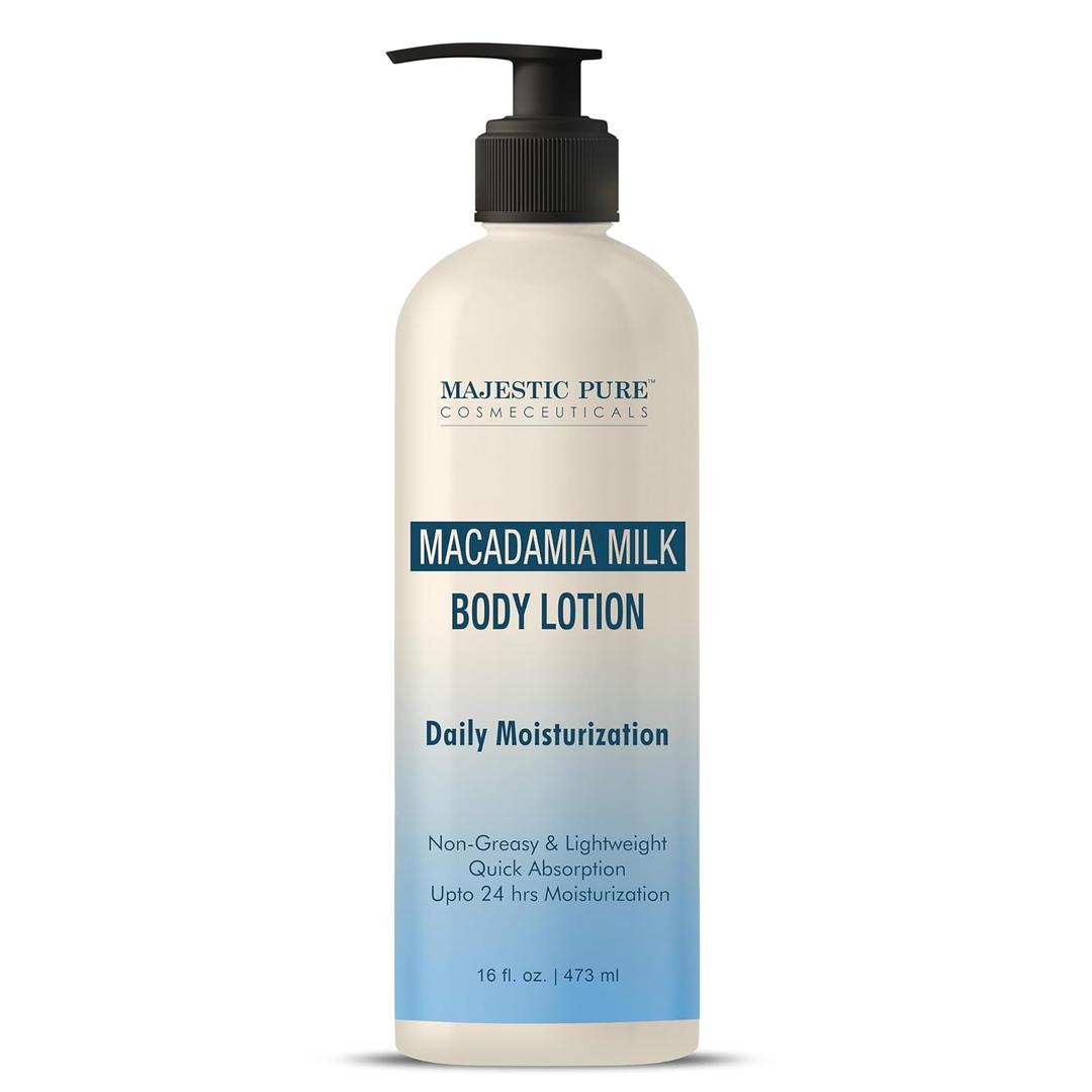 Majestic Pure Macadamia Milk Daily Moisturizing Body Lotion with Aloe Leaf Extracts | Nourishing & Moisturizing | Quick Absorbing, Lightweight & Non Greasy | For All Skin Types | 16fl oz, EXP NOV 04/2025