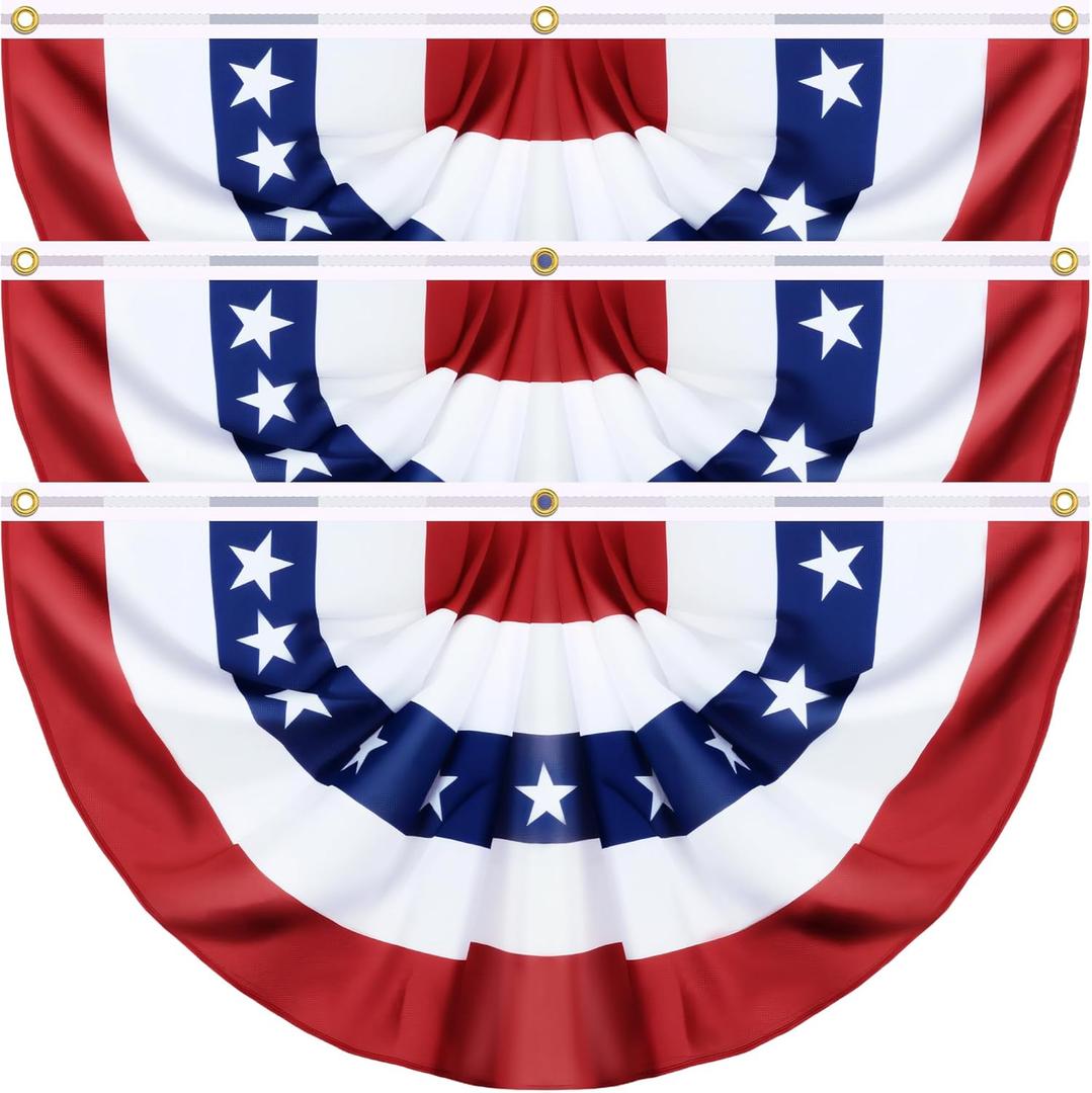 3 Pack Large Size 3 X 6 FT American Bunting Flag 4th of July Decorations, USA Pleated Fan Flag Memorial Day Patriotic Half Fan Banner 100% Polyester Fourth July Independence Day Outdoor Indoor Decor