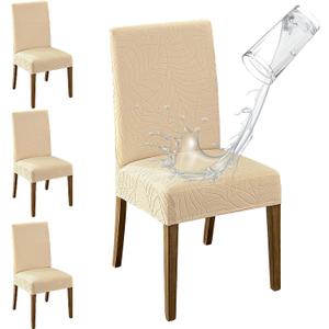 MOSAYT 100% Waterproof Dining Room Chair Covers Set of 4, Super Fit Stretch Jacquard Parson Chairs Slipcovers Removable Washable Chair Seat Protectors for Home, Kitchen, Banquet (Beige - XL)