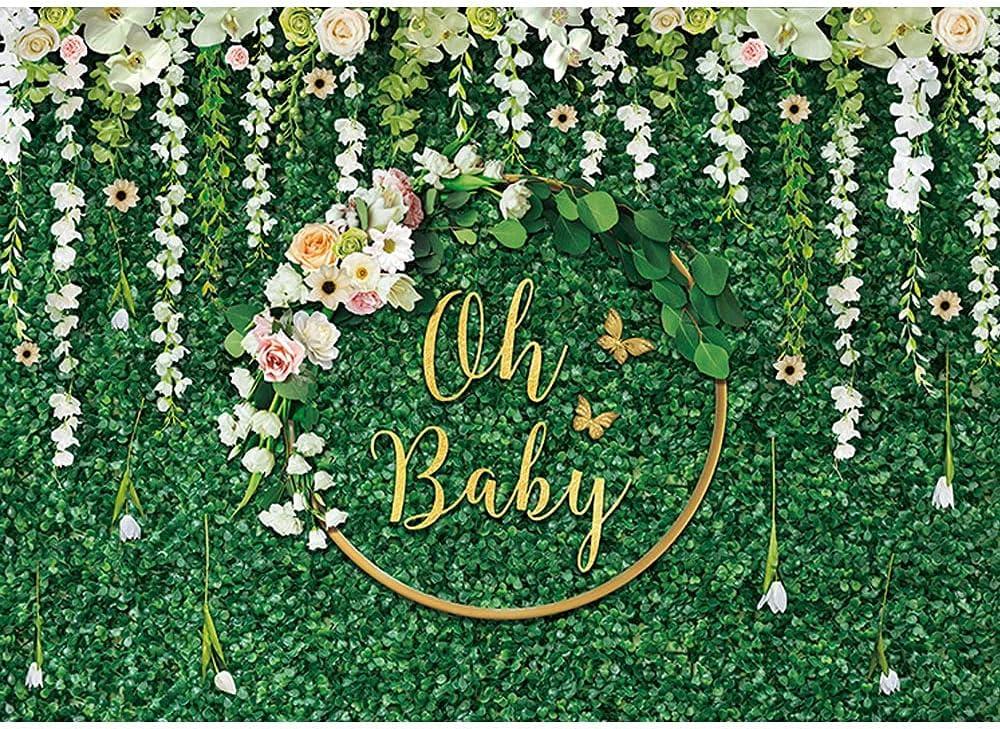 7x5ft Greenery Baby Shower Backdrop Gold Oh Baby Backdrop Floral Grass Baby Shower Party Decoration Cake Table Banner Photo Booth Props