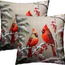 Merry Christma Red Cardinal Bird Throw Pillow Cover 18x18 Inch Pack of 2 Winter Snowflakes Cushion Pillow Case Square Xmas Pine Trees Holiday Pillowcase for Party Bed Sofa Home Car Bedroom Outdoor