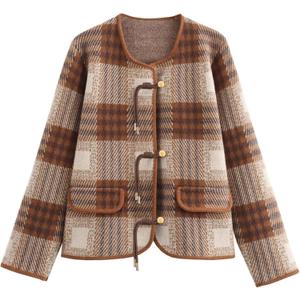 HOULENGS Women's Vintage Button Down Cardigan Sweater Plaid Print Long Sleeve Knit Coat Fall Fashion Outerwear with Pockets (XS)