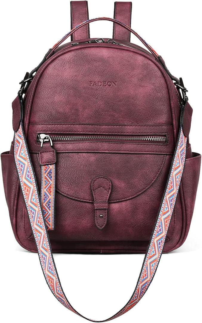FADEON Mini Backpack Purse for Women, Designer Leather Cute Roomly Backpacks, Daily Ladies Shoulder Backpack Fashion Handbag (Wine Red Retro Style)