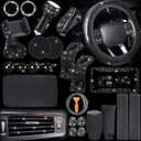 46 Pcs Bling Car Accessories Set for Women Leather Steering Wheel Cover Seat Belt Covers Diamond Rings Sticker Rhinestone Cup Holders USB Adapter Flower Air Vent Clip (Black)